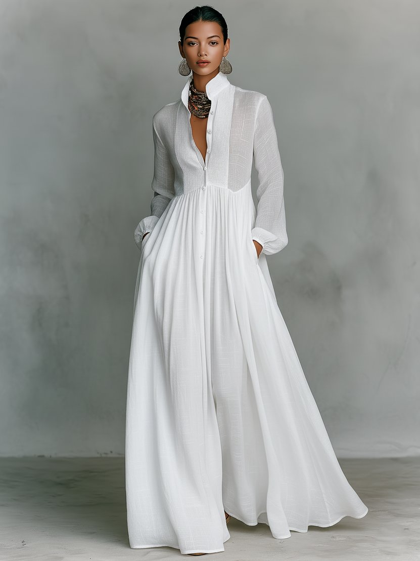 Mia | Maxi Minimalista in Cotone e Lino con Patchwork, Collo Alto e Maniche Lunghe