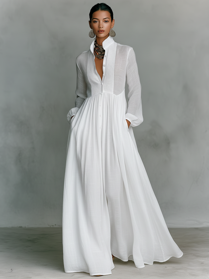 Mia | Maxi Minimalista in Cotone e Lino con Patchwork, Collo Alto e Maniche Lunghe